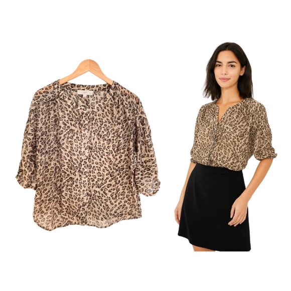 Loft Blouse Women Small Petite Brown Tan Animal Print Ann Taylor Leopard Shirt - Picture 1 of 14